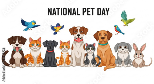 National pet day illustration with diverse group of pets and animals