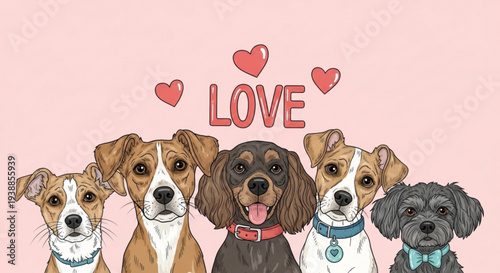 Five adorable dogs with colorful collars and hearts on pink background showing love and friendship