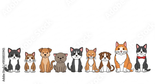 Collection of various cartoon cats and dogs sitting together in a row different breeds and colors simple vector illustration on white background cute pets domestic animals