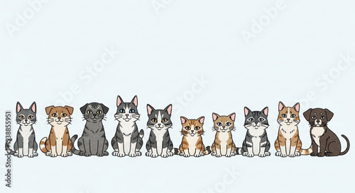 Adorable row of kittens and puppies sitting together cute animals pets friendship companionship colorful illustration