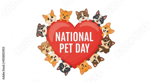 National pet day celebration with cute dogs around heart symbol