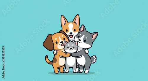 Friendly dog cat and puppy hug a small kitten on a blue background showing animal friendship and affection