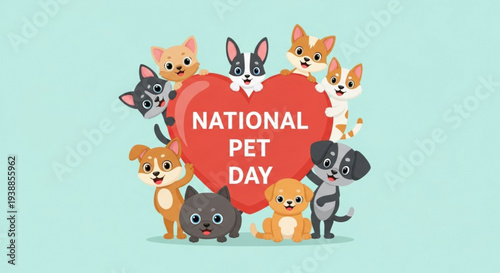 National pet day celebration with cute animals and heart