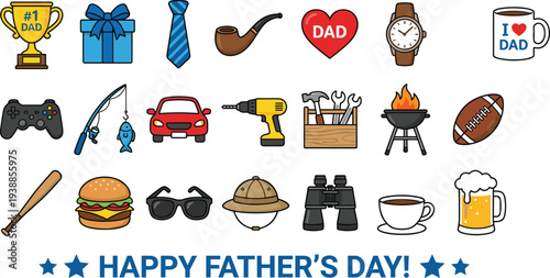 Happy Fathers Day icon collection with dad gifts, tools, coffee, tie, trophy, barbecue grill and hobbies vector illustration set