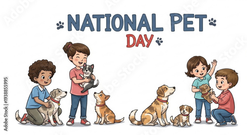 Children celebrating national pet day with dogs and cats