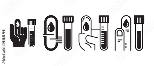 Illustration of blood collection from fingers into test tubes for medical analysis.