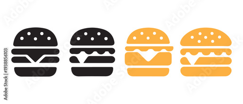 Minimalist hamburger icons, two black and two orange, symbolizing fast food options, simplicity, and design elements.