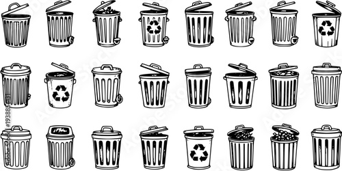 Hand-drawn Black and White Line Art Set of Trash Cans, Waste Bins, and Recycling Containers for Environmental and Sanitation Concepts.