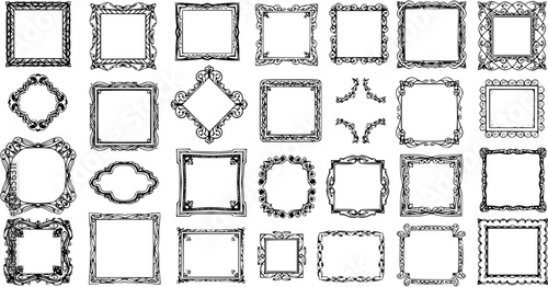 Collection of hand-drawn ornamental frames and borders, vector black and white line art design elements