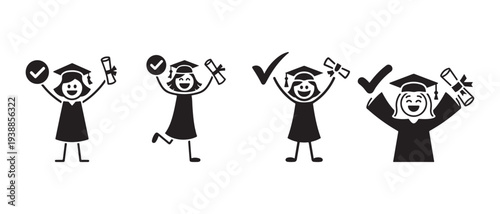 Happy Graduate Stick Figures Celebrating Graduation with Diplomas and Checkmarks, Academic Achievement Icon Set.
