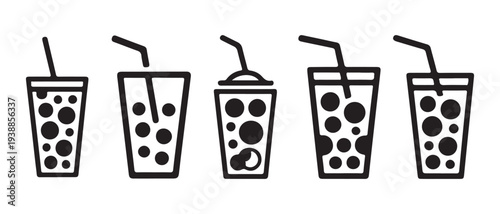 Icons of Refreshing Drinks with Straws and Ice Cubes, Minimalist Line Art Vector Illustration.