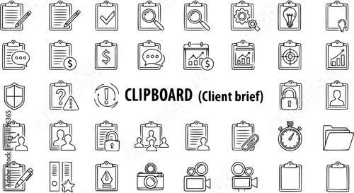 Black and White Line Art Icons: Clipboard with business, finance, and document symbols
