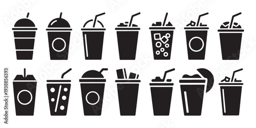Collection of Black Silhouette Icons of Various Takeaway Drinks and Smoothies in Plastic Cups with Straws.