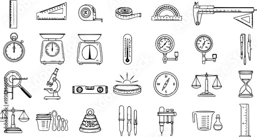 Black  White Line Art Hand-drawn Science and Measurement Instruments Vector Icons Set - Laboratory Tools, Education Equipment, and Engineering Devices