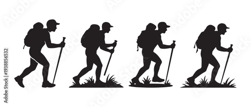Silhouette of Hikers with Backpacks and Poles Walking Through Grass, Dynamic Motion Sequence, Outdoor Adventure.