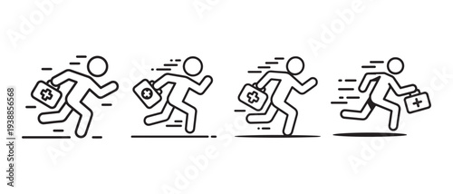 Medical Emergency Runners. Running Figures with First Aid Kits and Red Cross Symbol, Urgency and Speed Icon Set.