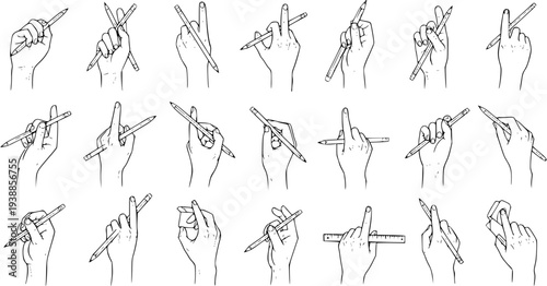 Art and Education Creative Process: Black and White Line Art Illustration of Hands Holding Pencils, Ruler, and Eraser in Diverse Ways for Drawing  Writing.