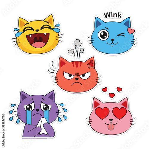 Cute funny cartoon cat collection set with various kitten faces and playful feline characters in a simple vector illustration design