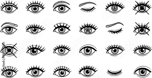 Human Anatomy  Beauty Industry: Black  White Line Art Eyes, Eyelashes,  Eyebrows Illustration Set