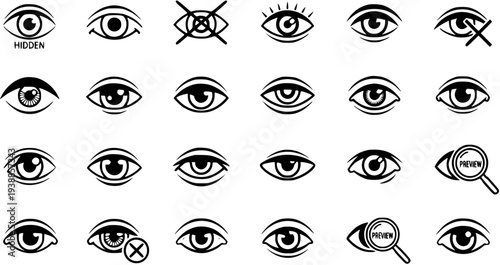 Black and white line art icons of eyes and magnifying glass, representing vision and security