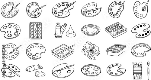 Art and Creativity Black  White Line Art Icons Set: Painting Palettes, Brushes, and Art Supplies Collection for Artistic Design