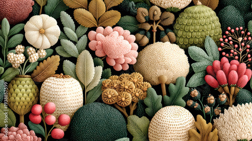 Detailed illustration of an imaginative garden scene with oversized flowers, berries, and foliage. The artwork combines soft pastels with deep greens and warm browns,