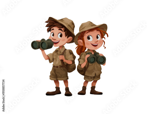 Two cartoon children dressed as explorers with binoculars standing on a white background