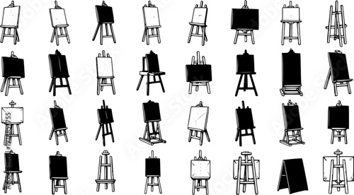 Black and White Line Art of Various Easels and Art Stands