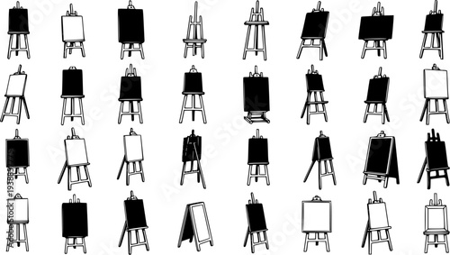 Art Studio Easel and Canvas Black and White Line Art Icon Set. Diverse Artistic Painting Stands Glyph Collection for Creative Hobby and Education.