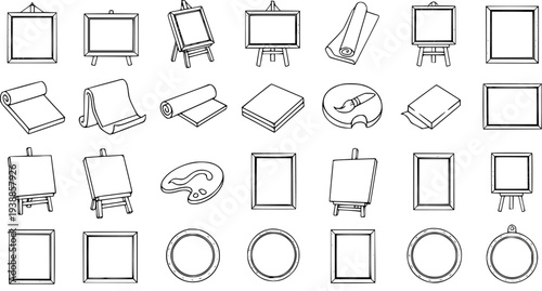 Art and Craft Supplies Black and White Line Art Icons Set: Frames, Easels, Canvases, Painting Palette, Brush, and Paper Rolls Outline Vector Illustrations.