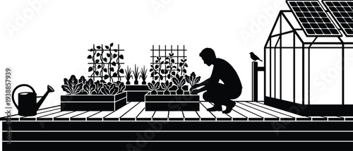 Urban gardening silhouette with man planting vegetables in raised beds near solar panel greenhouse, sustainable agriculture and eco friendly farming concept