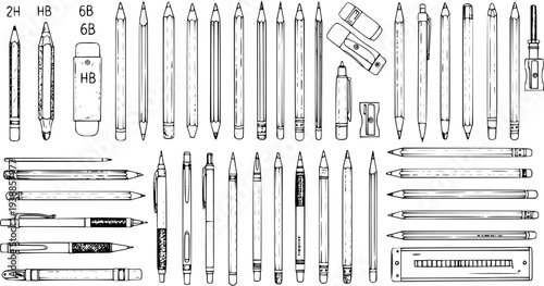 Black  White Line Art Hand-drawn Sketch: Education  Office Stationery Collection. Pencils, Pens, Erasers, Sharpeners, Ruler, Drawing  Writing Tools.