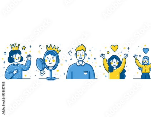 A colorful vector illustration of five happy people with crowns and hearts, surrounded by stars and confetti