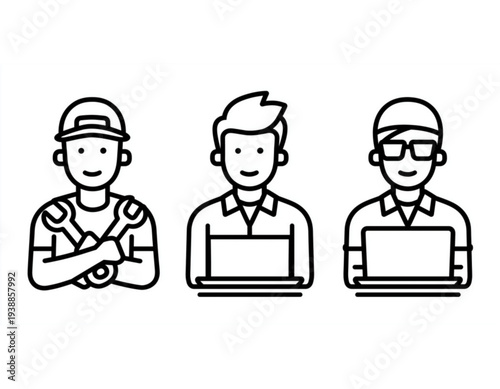 A minimalist line art illustration of three men representing different professions in a simple and modern style