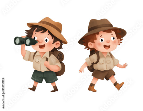 A vector illustration of two cartoon boys dressed as explorers walking on a white background