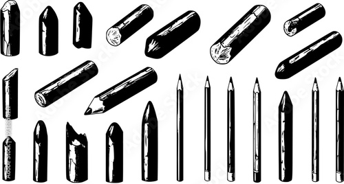 Black and White Hand-Drawn Illustration Set of Art and Education Stationery: Pencils, Chalk, and Crayons - Creative Drawing and Writing Tools Collection