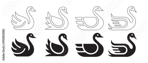 Set of stylized swan icons, outline and solid silhouettes for logos and design elements.