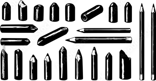 Black and White Hand-Drawn Vector Set of Art and Education Drawing Tools: Pencils, Chalk, and Charcoal Illustrations for Creative Projects