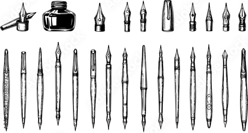 Black and White Line Art Illustration of Vintage Fountain Pens and Ink Bottle