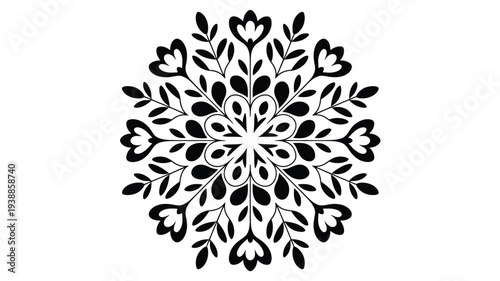 Intricate black floral mandala design on white background symmetrical pattern with leaves and hearts vector illustration for decoration or graphic design projects