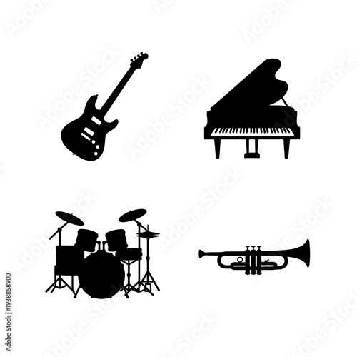 Musical instruments collection featuring guitar piano drums and trumpet silhouette on transparent background