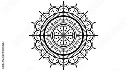 Intricate black mandala design on white background for art and meditation