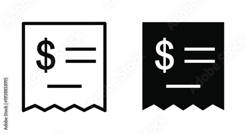 A black and white illustration of two receipt icons with dollar signs on a plain background