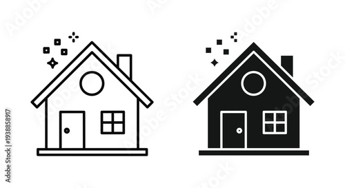 A simple black and white illustration of two houses with smoke coming out of the chimneys