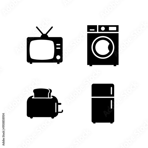 Black household appliances icons including a tv on transparent background silhouette