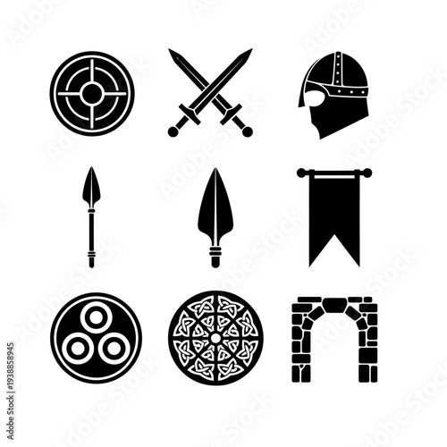 Medieval weaponry and symbols collection on transparent background silhouette