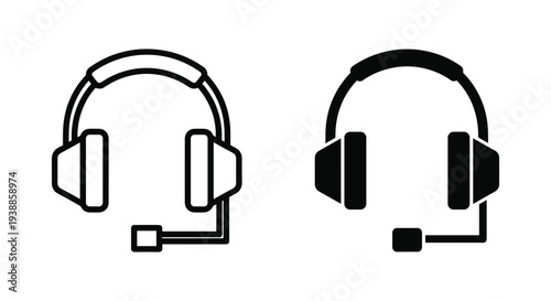 Two black and white icons of headsets with microphones on a plain background