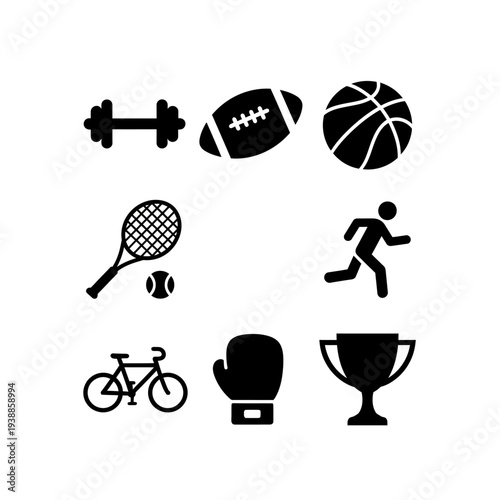 Black sports icons featuring dumbbell football and running man silhouette on transparent background