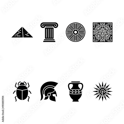 Ancient civilization icons featuring architectural and symbolic elements silhouette on transparent background