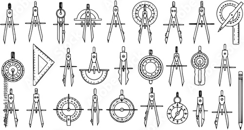 Black and White Line Art Collection of Drafting Tools, Compasses, Protractor, Triangle Ruler, Pencil